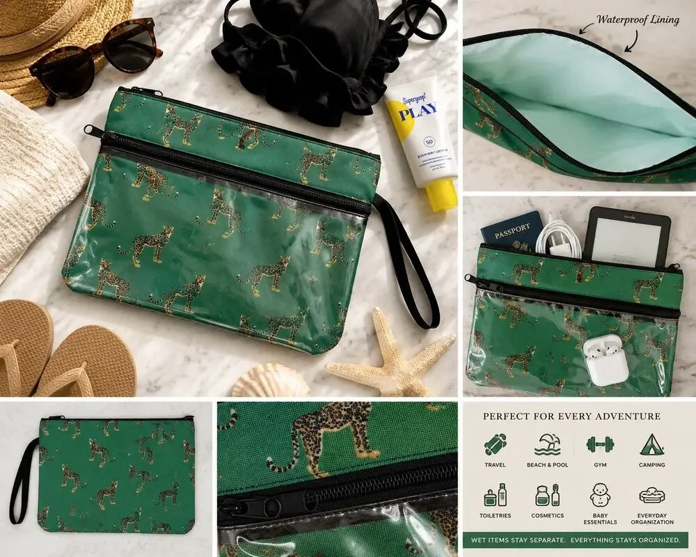 Morgan Home Green Leopard Wet Dry Travel Pouch Clear Front Waterproof NWOT